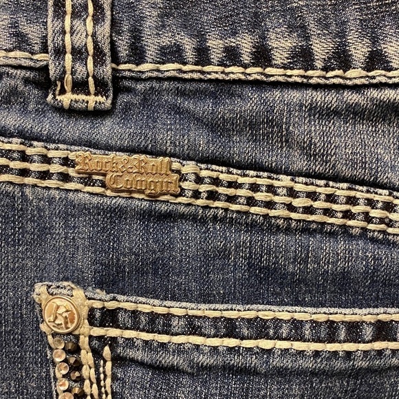 Rock & Roll Cowgirl 30 (11) Denim Mini Skirt Embellished Logo Stretch Low Rise - Picture 6 of 13